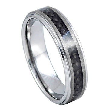 7mm Tungsten Carbide Black Carbon Fiber Inlaid Ring with Brushed Center