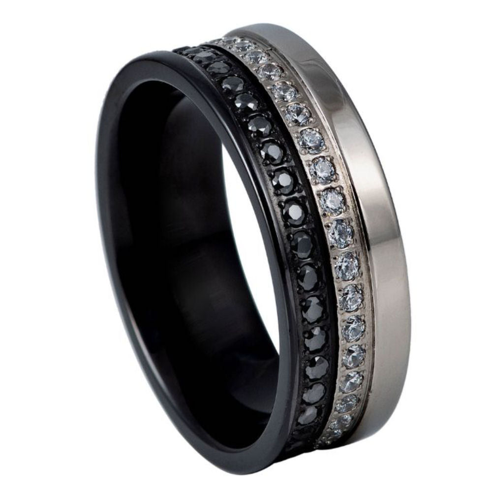 Two-Tone Plated Double Row Black & White CZ Eternity Ring – 8mm