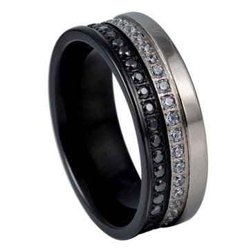 Two-Tone Plated Double Row Black & White CZ Eternity Ring – 8mm