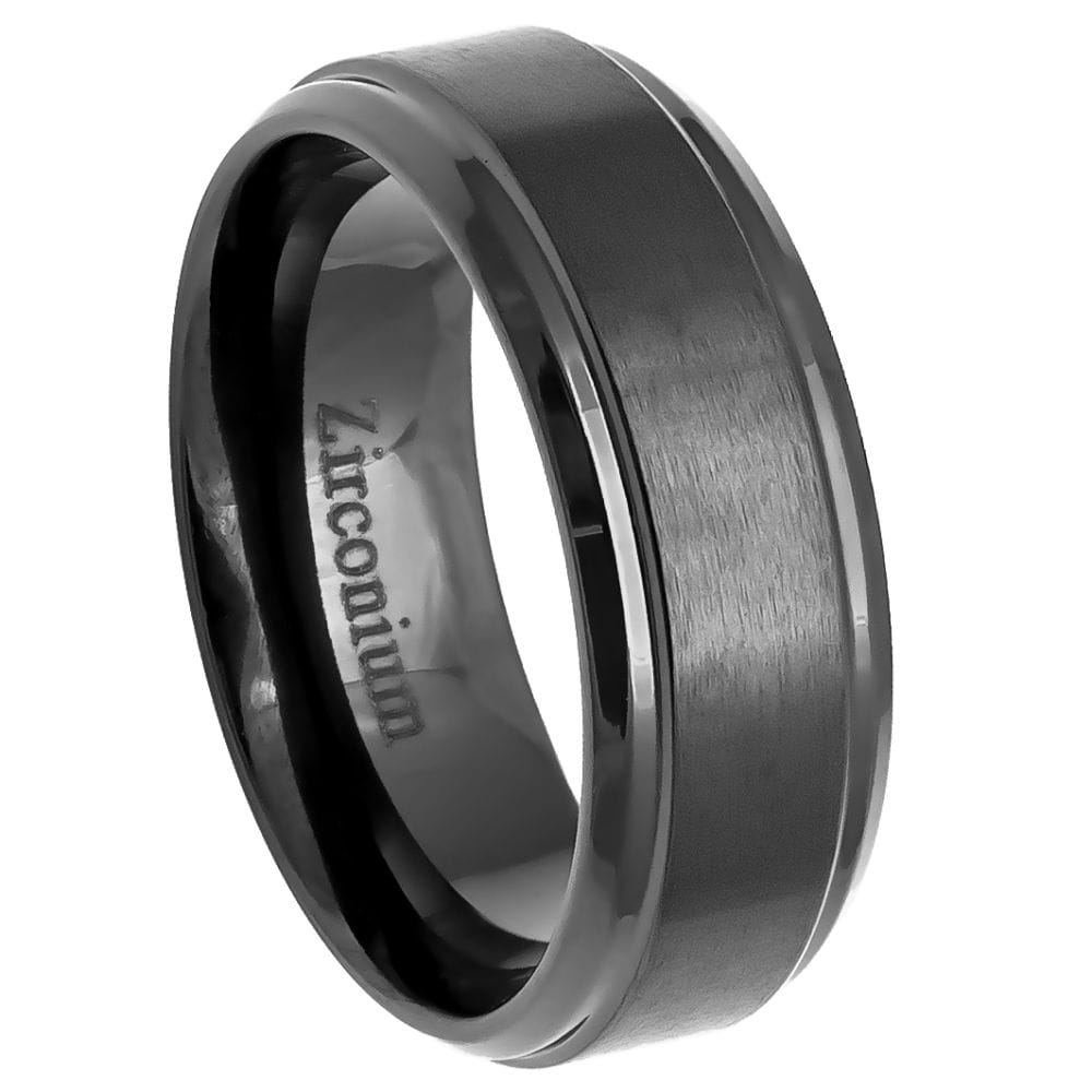 Natural Gun Metal Tone Zirconium Ring – 8mm Brushed Center with Stepped Edge