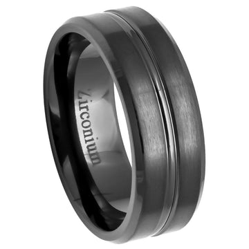 Natural Gun Metal Tone Zirconium Ring with Brushed Grooved Center and Beveled Edge - 8mm