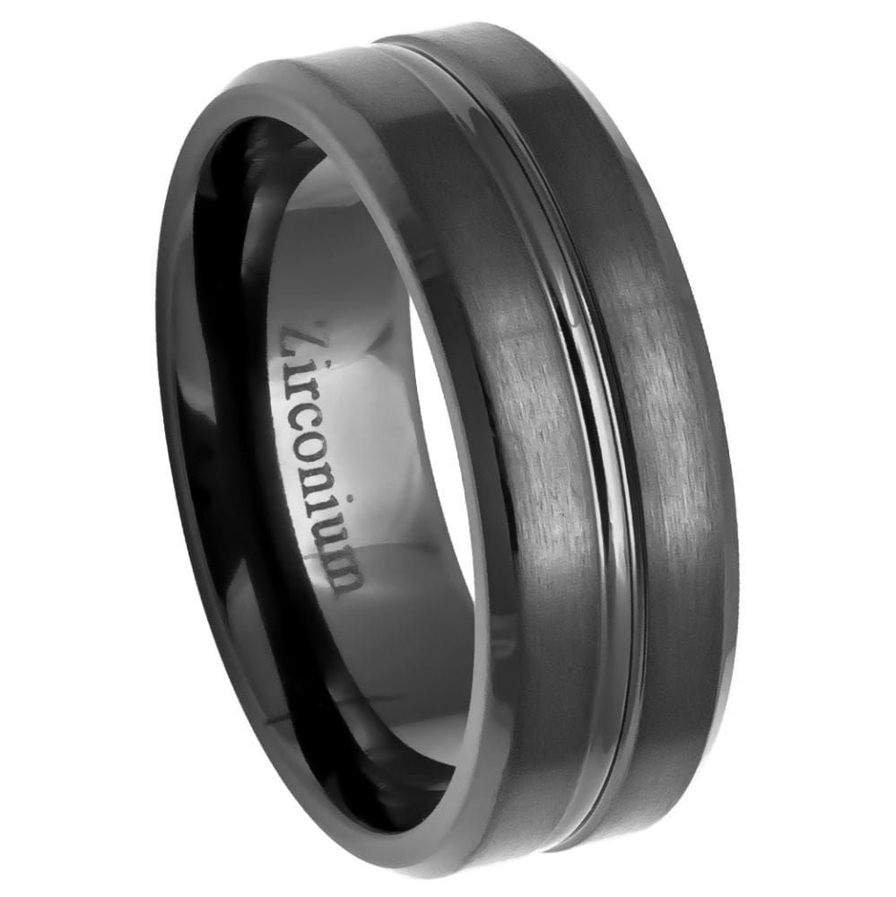 Natural Gun Metal Tone Zirconium Ring with Brushed Grooved Center and Beveled Edge - 8mm