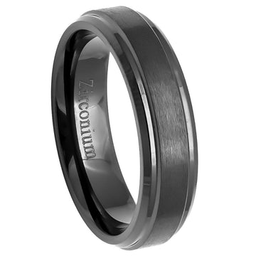 Natural Gun Metal Tone Zirconium Ring with Brushed Center and Stepped Edge - 6mm