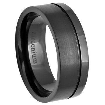Natural Gun Metal Tone Pipe-Cut Off-Center Grooved Zirconium Ring, 8mm