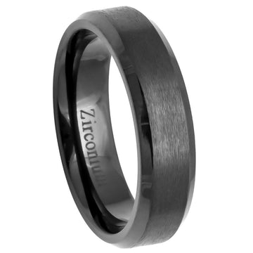 Natural Gun Metal Tone Zirconium Ring with Brushed Center and Beveled Edge - 6mm