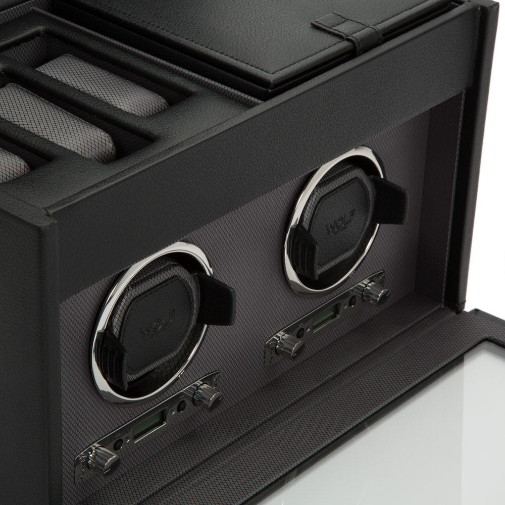 WOLF 1834 Classic Double Watch Winder with Storage – Black Vegan Leather, 2 Modules + 3-Piece Watch Storage - Image 4