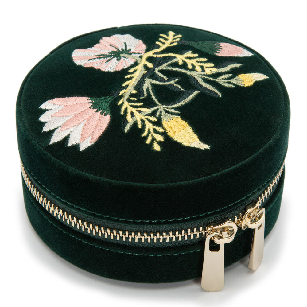 WOLF 1834 Zoe Travel Round Jewelry Case – Forest Green Velvet with Floral Embroidery - Image 2