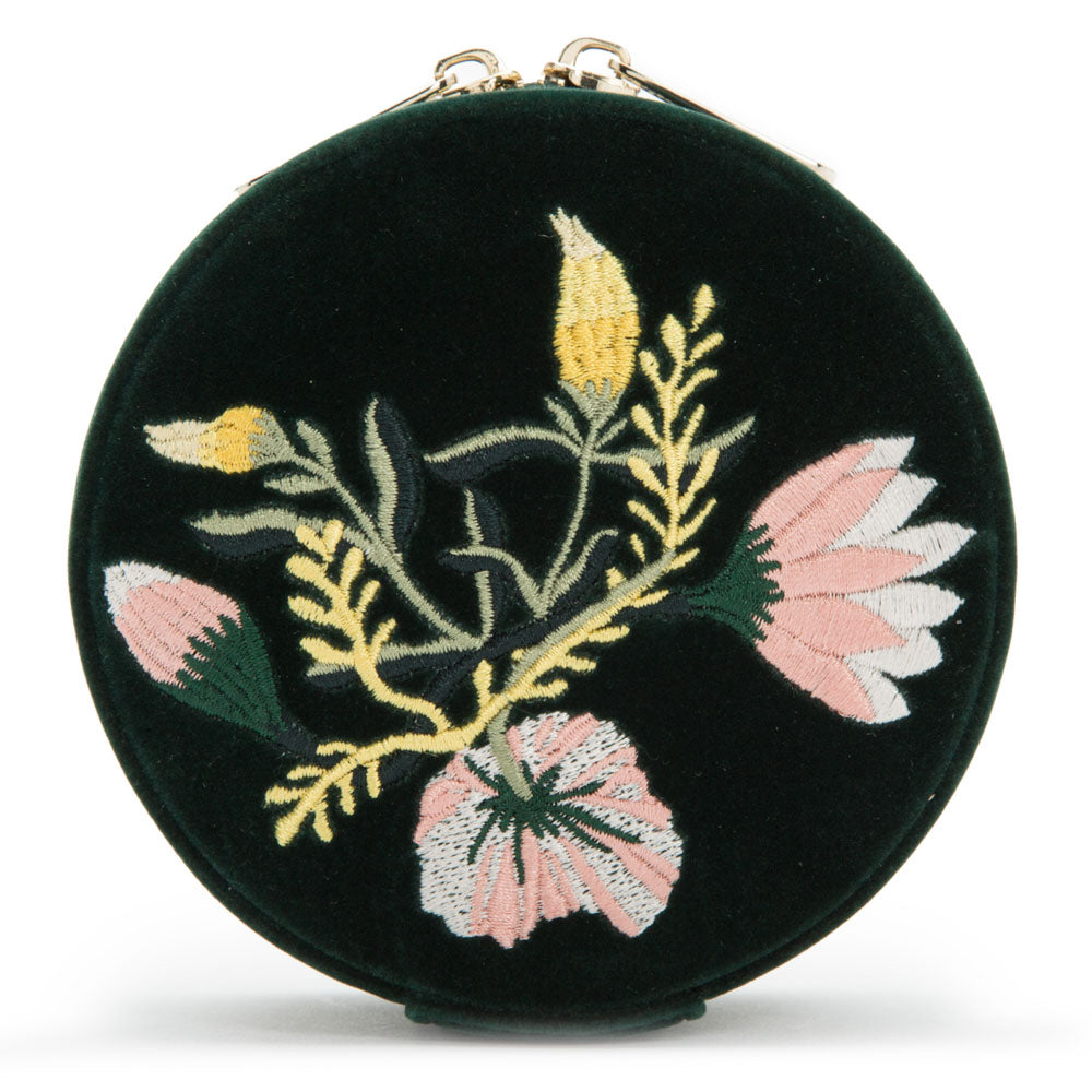 WOLF 1834 Zoe Travel Round Jewelry Case – Forest Green Velvet with Floral Embroidery - Image 1