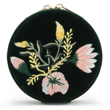 WOLF 1834 Zoe Travel Round Jewelry Case – Forest Green Velvet with Floral Embroidery - Image 1