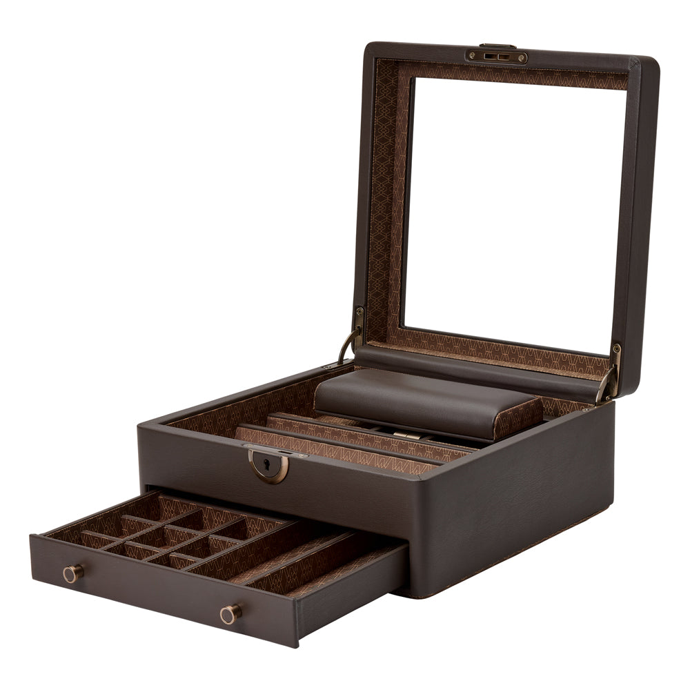 WOLF 1834 Earth Watch Stand Box – Coffee Apple Leather with Glass Lid & Drawer - Image 3