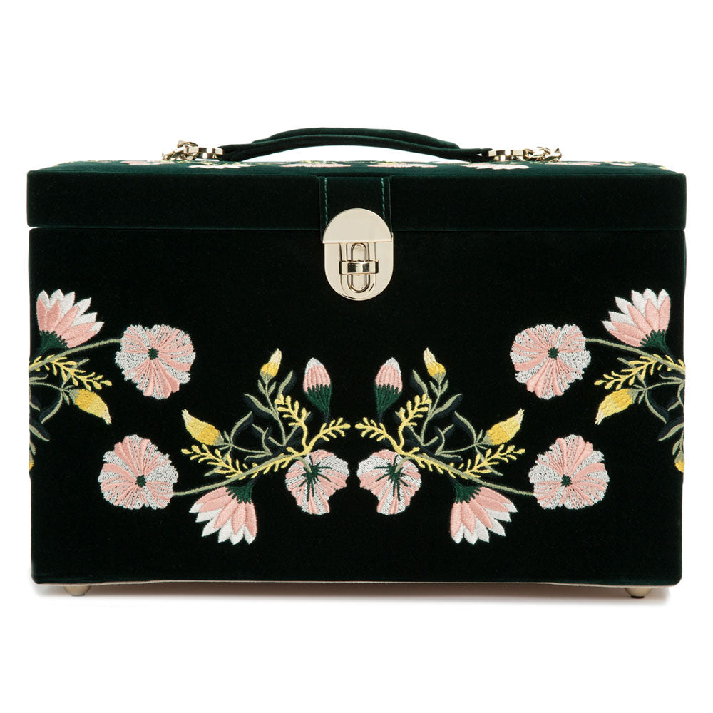 WOLF 1834 Zoe Large Jewelry Box - Forest Green Velvet with Floral Embroidery - Image 1