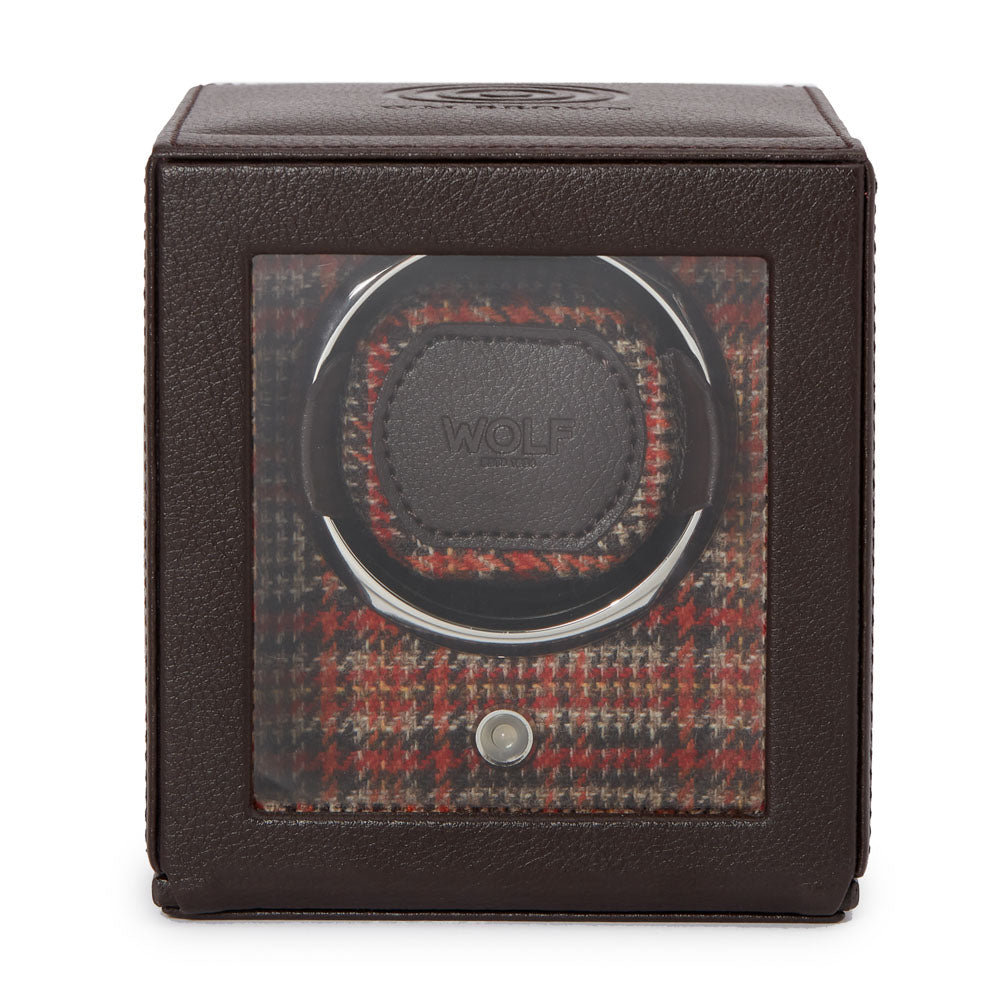 WOLF 1834 WM Brown Single Watch Winder – Brown Vegan Leather with Negroni Tweed - Image 1