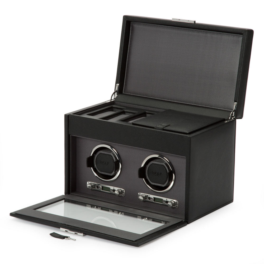 WOLF 1834 Classic Double Watch Winder with Storage – Black Vegan Leather, 2 Modules + 3-Piece Watch Storage - Image 3