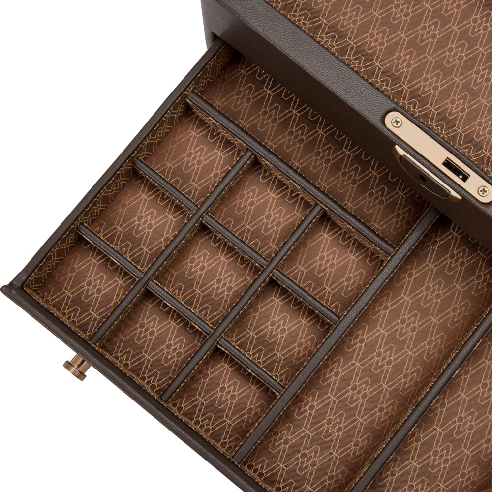 WOLF 1834 Earth Watch Stand Box – Coffee Apple Leather with Glass Lid & Drawer - Image 7