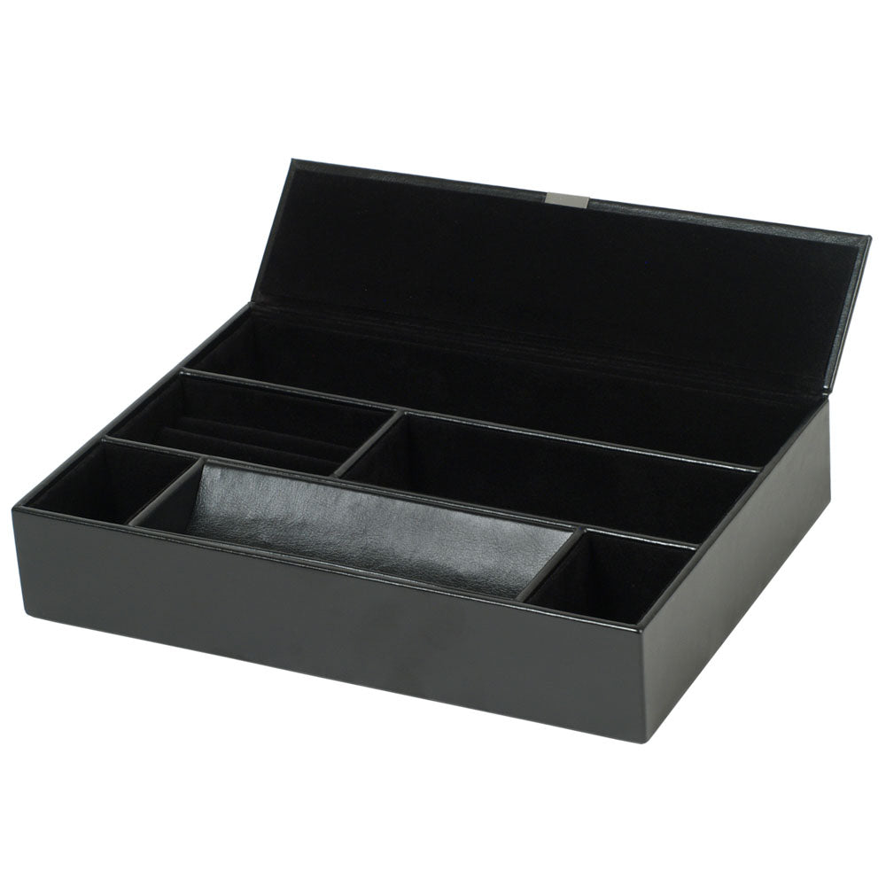 WOLF 1834 Heritage Valet Tray – Black Faux Leather with Ultra Suede Lining, 5 Compartments & 3 Ring Rolls - Image 3