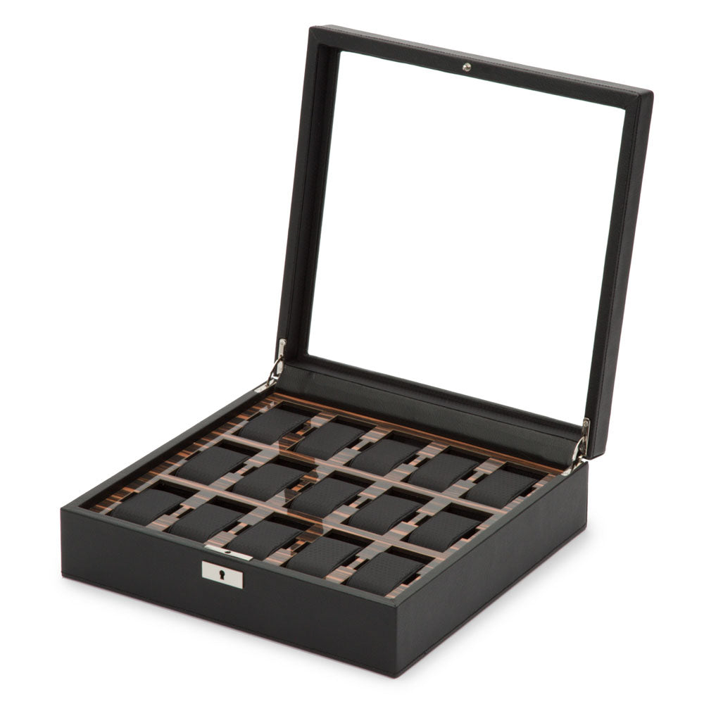 WOLF 1834 Roadster 15-Piece Watch Box – Black Vegan Leather with Ebony Macassar Wood - Image 3