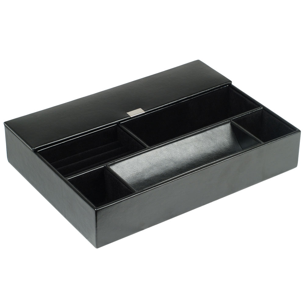 WOLF 1834 Heritage Valet Tray – Black Faux Leather with Ultra Suede Lining, 5 Compartments & 3 Ring Rolls - Image 2