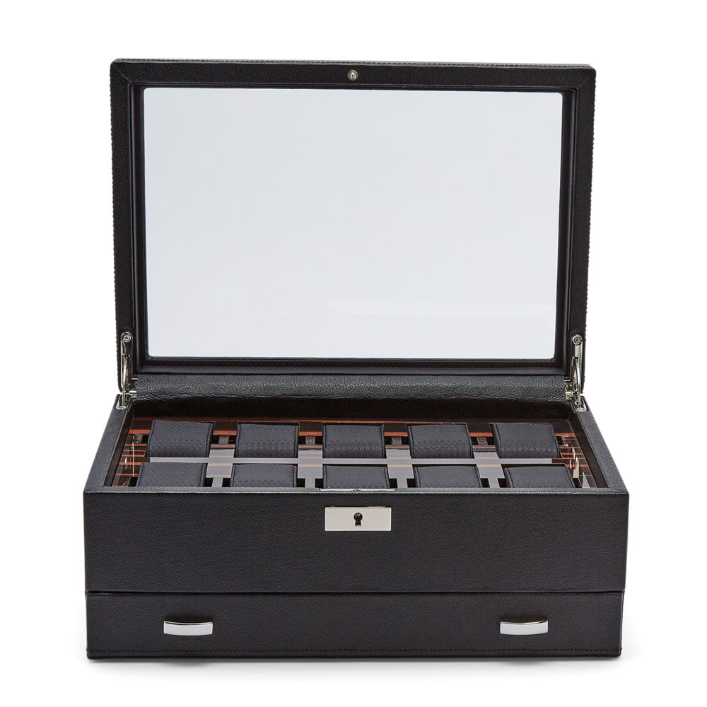 WOLF 1834 Roadster 10-Piece Watch Box with Drawer – Black Vegan Leather & Ebony Macassar - Image 3