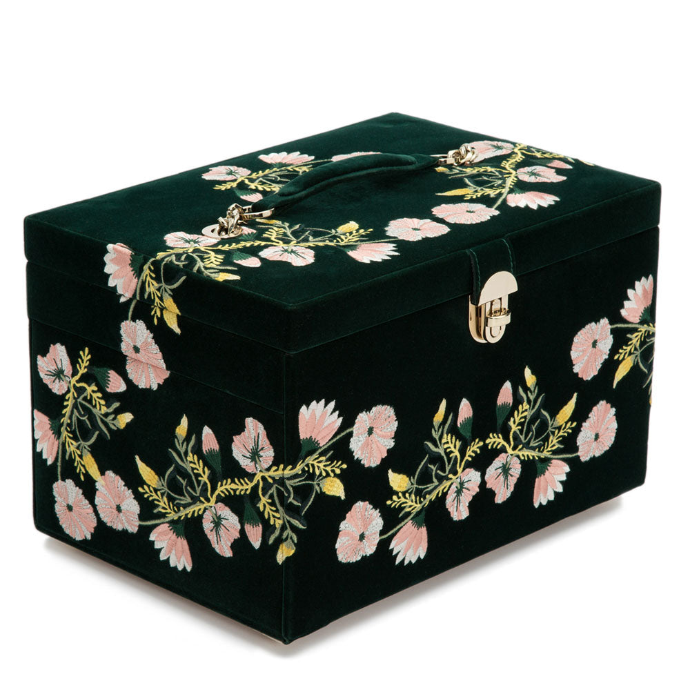 WOLF 1834 Zoe Large Jewelry Box - Forest Green Velvet with Floral Embroidery - Image 2