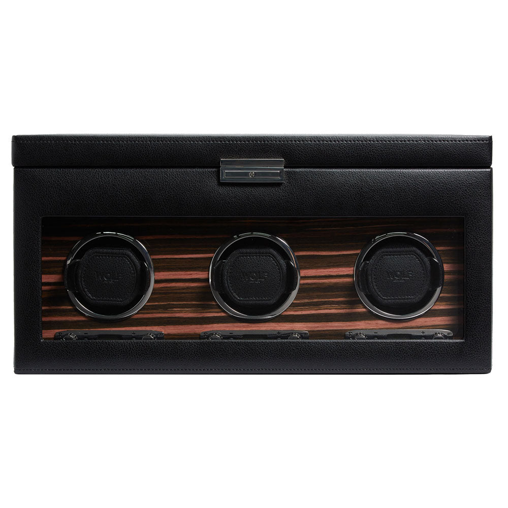 WOLF 1834 Roadster Triple Watch Winder with Storage – Ebony Macassar & Vegan Leather, 3 Winding Modules + 5-Piece Storage - Image 1