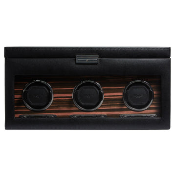 WOLF 1834 Roadster Triple Watch Winder with Storage – Ebony Macassar & Vegan Leather, 3 Winding Modules + 5-Piece Storage - Image 1