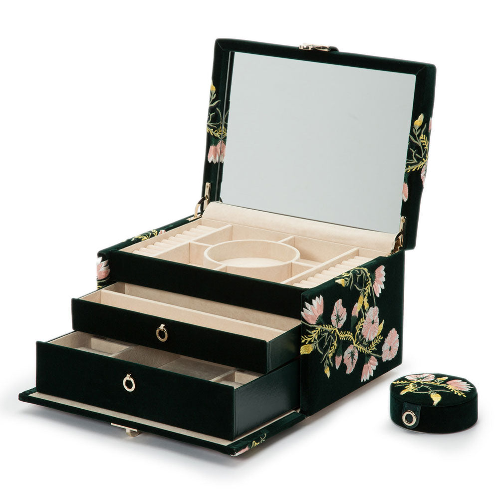 WOLF 1834 Zoe Medium Jewelry Box – Forest Green Velvet with Floral Embroidery - Image 4