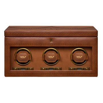 WOLF 1834 Brogue Triple Watch Winder with Storage – Burnished Brown - Image 1
