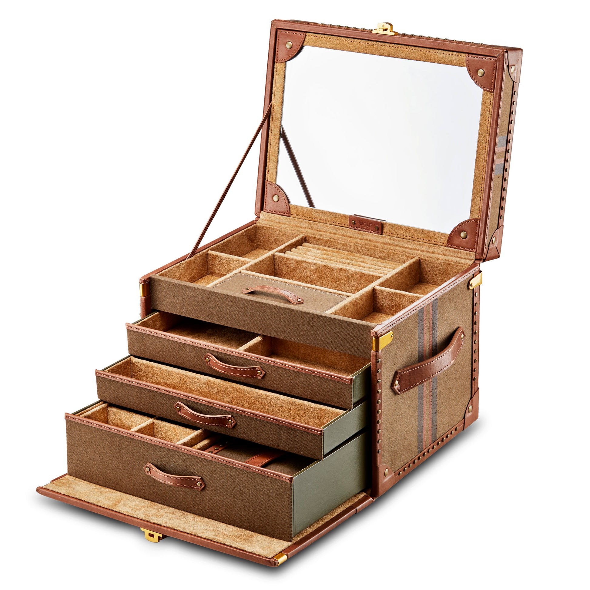 WOLF 1834 Ida Trunk Jewelry Box – Khaki Recycled Canvas with Leather Trim - Image 3