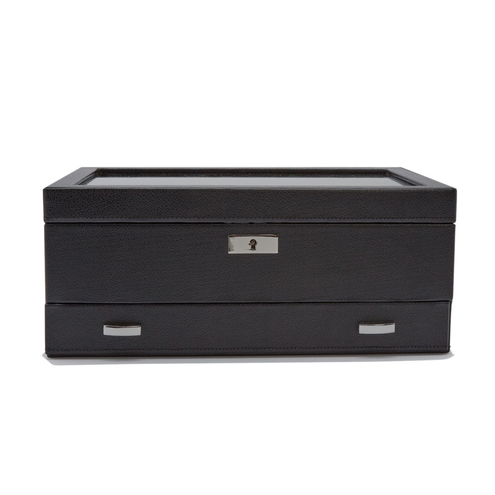 WOLF 1834 Roadster 10-Piece Watch Box with Drawer – Black Vegan Leather & Ebony Macassar - Image 1