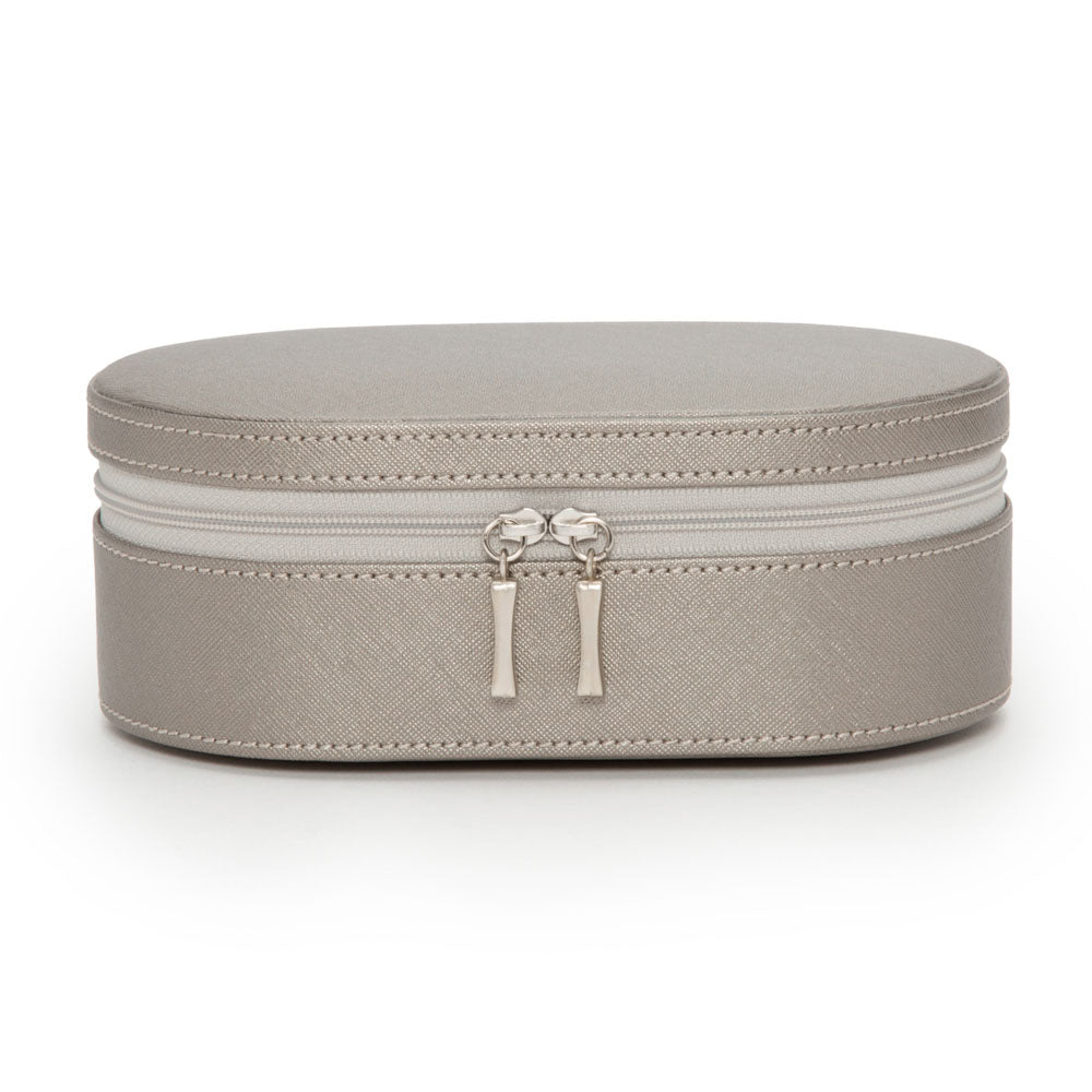 WOLF 1834 Heritage Oval Zip Case – Pewter Saffiano Jewelry Travel Case - Image 1