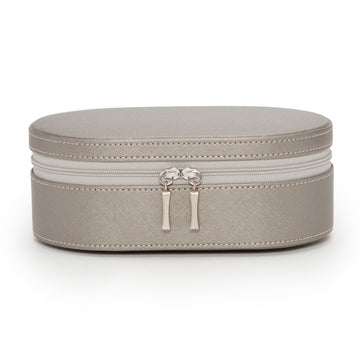 WOLF 1834 Heritage Oval Zip Case – Pewter Saffiano Jewelry Travel Case - Image 1