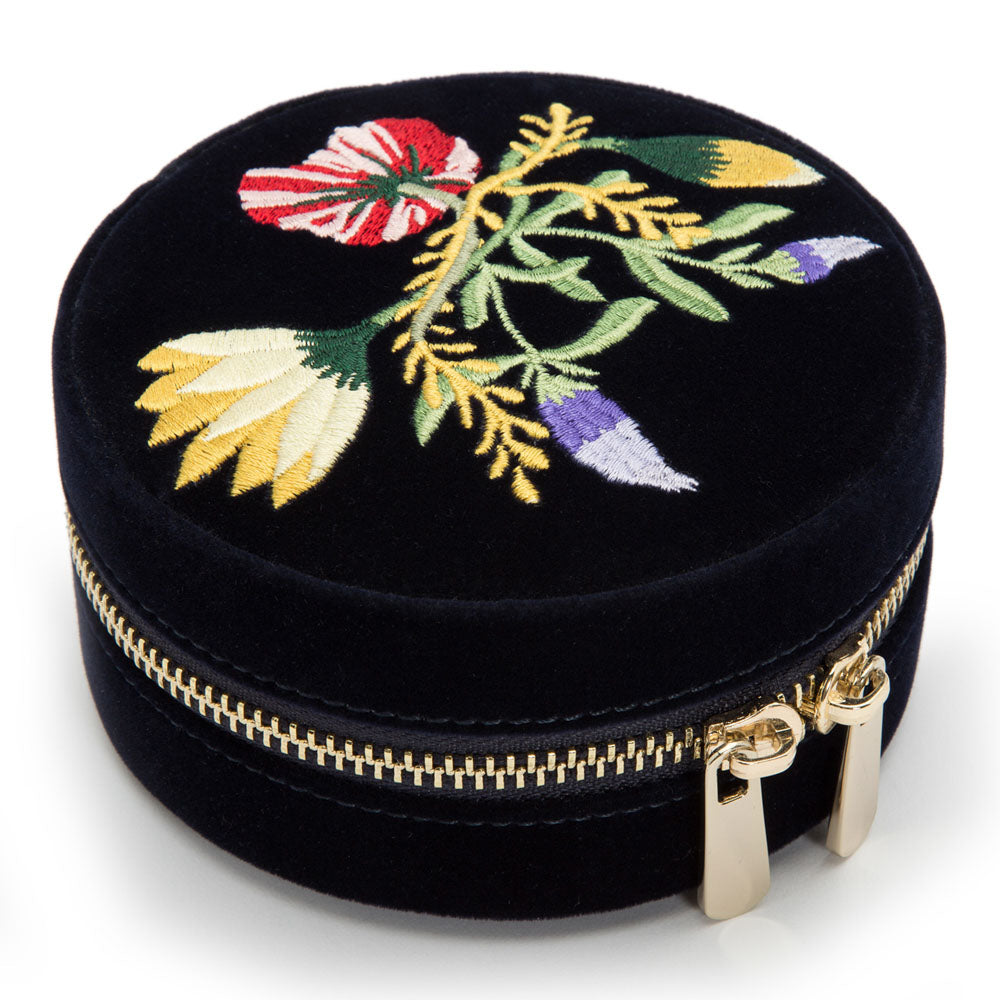 WOLF 1834 Zoe Travel Round Jewelry Case - Indigo Velvet with Floral Embroidery - Image 2