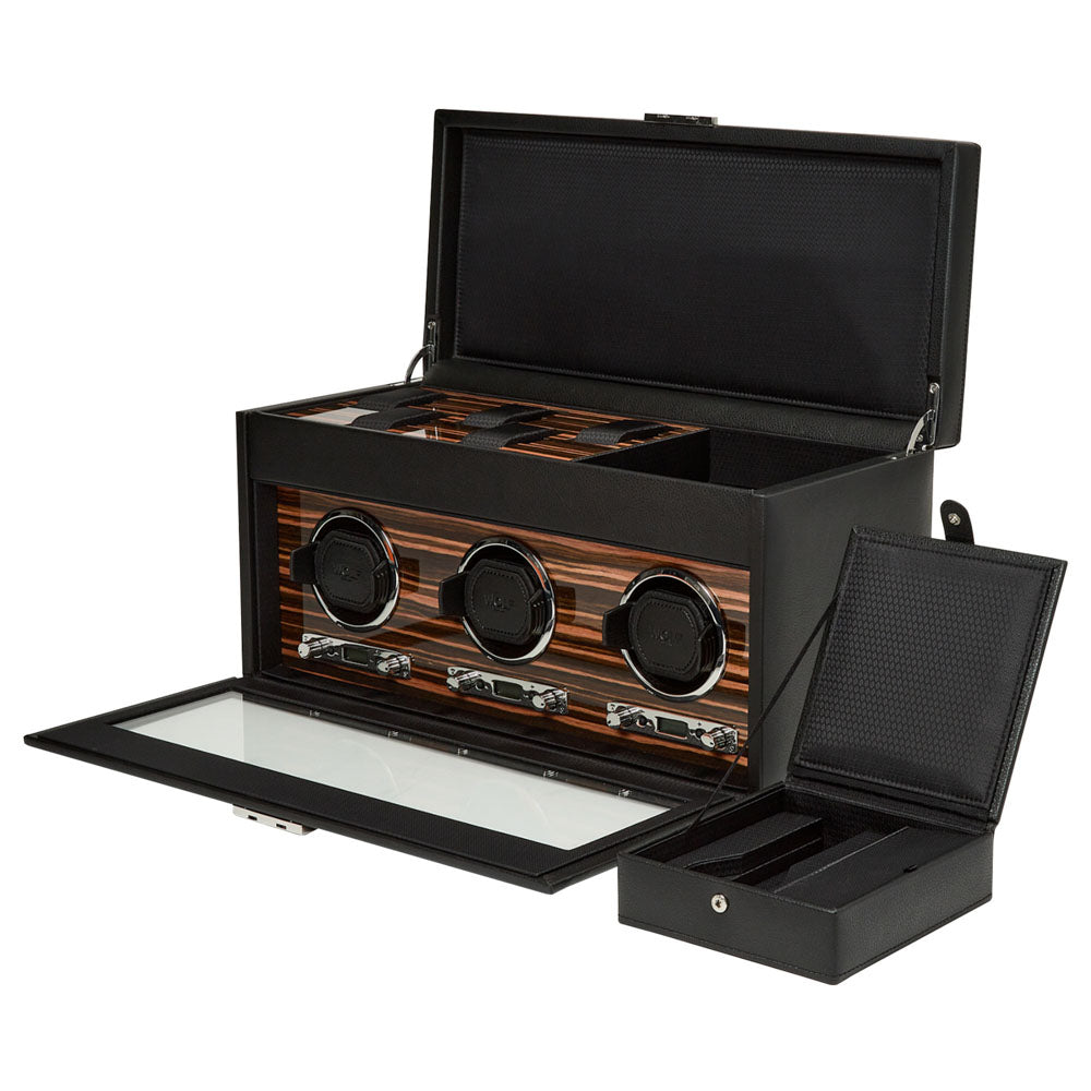 WOLF 1834 Roadster Triple Watch Winder with Storage – Ebony Macassar & Vegan Leather, 3 Winding Modules + 5-Piece Storage - Image 4
