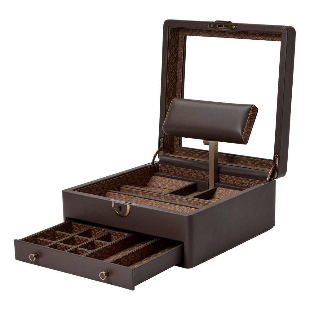 WOLF 1834 Earth Watch Stand Box – Coffee Apple Leather with Glass Lid & Drawer - Image 4