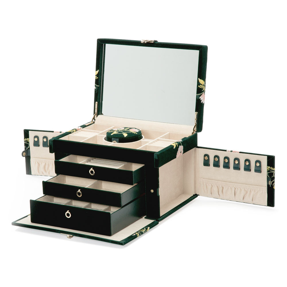 WOLF 1834 Zoe Large Jewelry Box - Forest Green Velvet with Floral Embroidery - Image 4