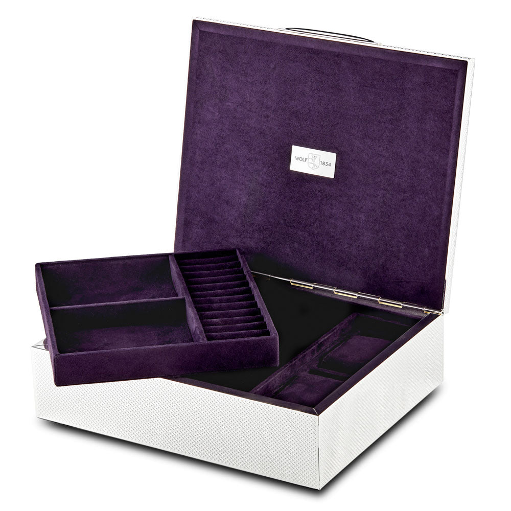 WOLF 1834 Silver Medium Watch, Jewelry & Legacy Box – Silver-Plated Engine-Turned, Ultrasuede LusterLoc™ Lining - Image 4