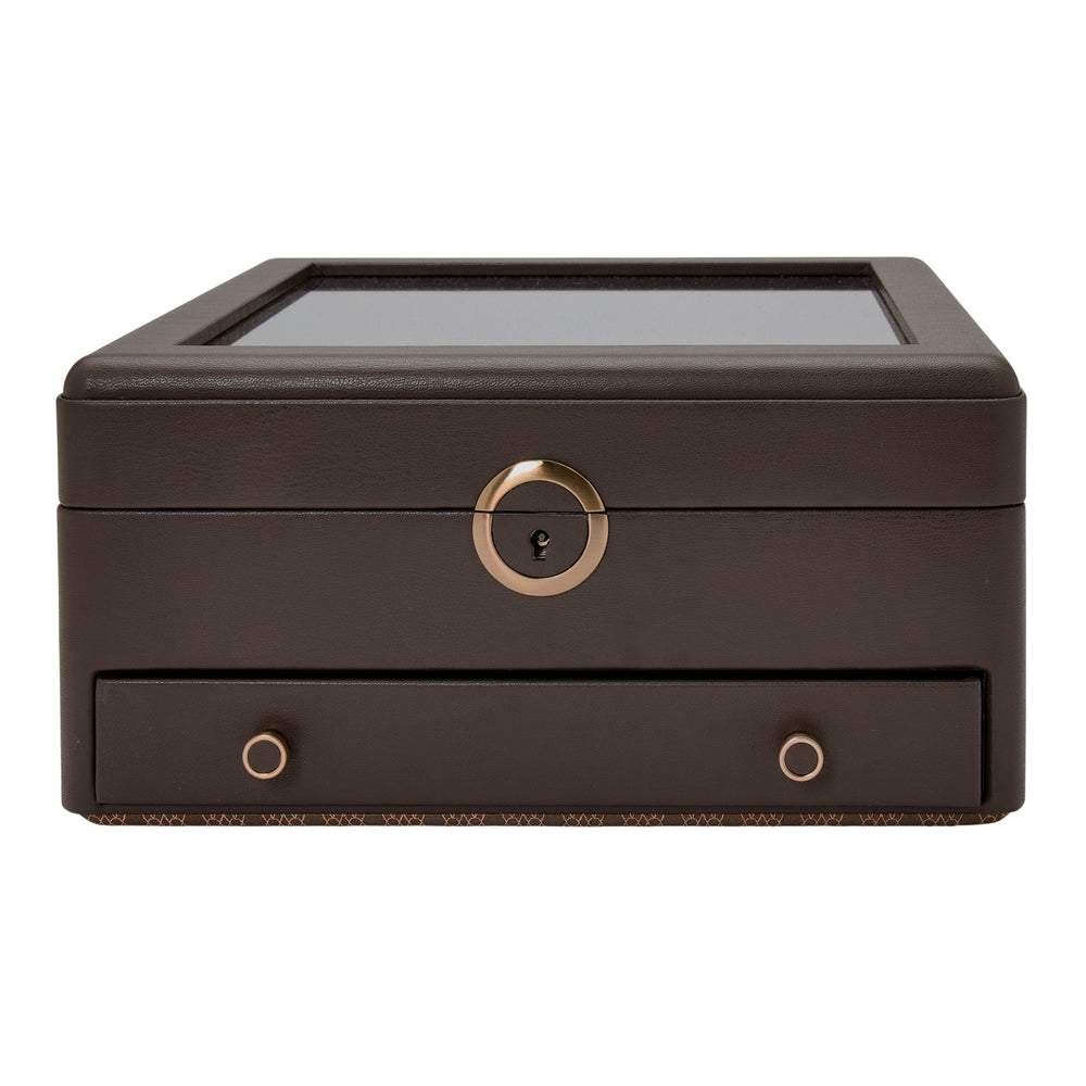 WOLF 1834 Earth Watch Stand Box – Coffee Apple Leather with Glass Lid & Drawer - Image 1
