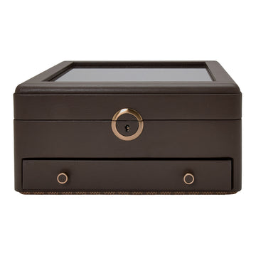 WOLF 1834 Earth Watch Stand Box – Coffee Apple Leather with Glass Lid & Drawer - Image 1
