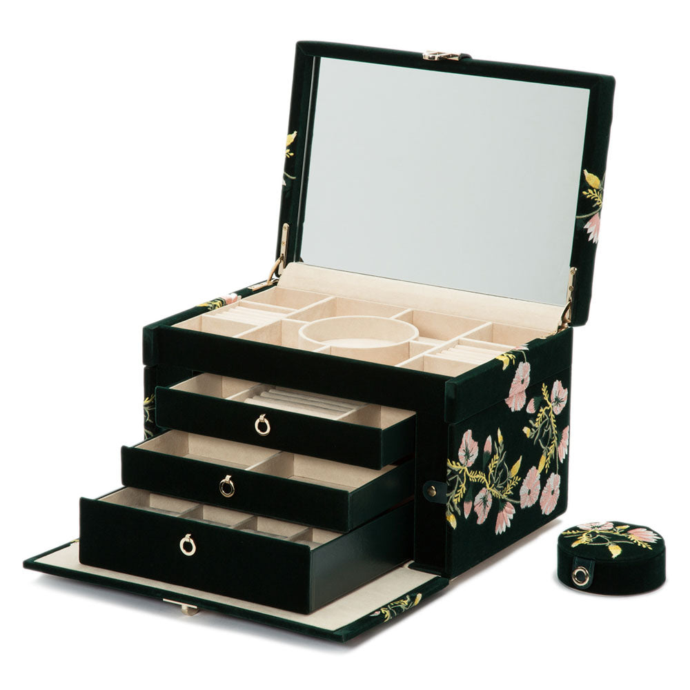 WOLF 1834 Zoe Large Jewelry Box - Forest Green Velvet with Floral Embroidery - Image 3