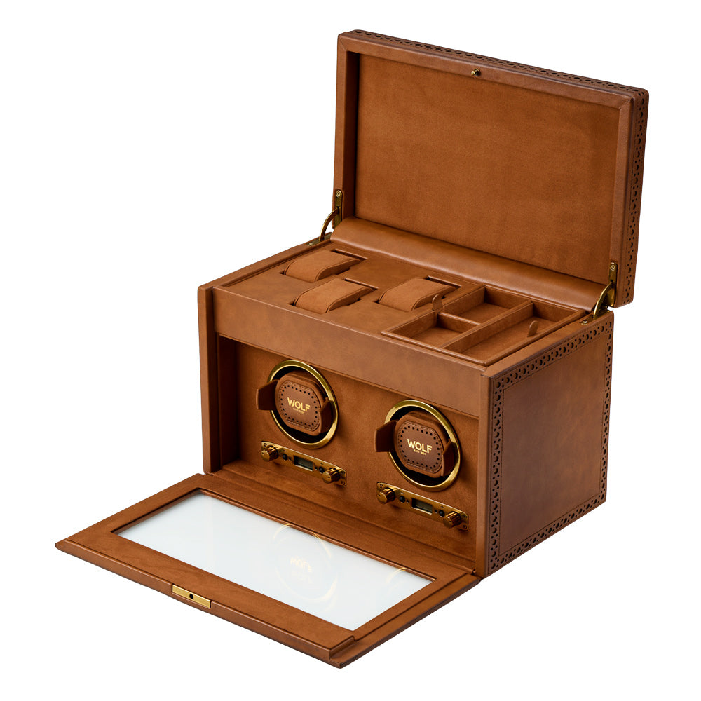 WOLF 1834 Brogue Double Watch Winder with Storage – Burnished Brown - Image 3