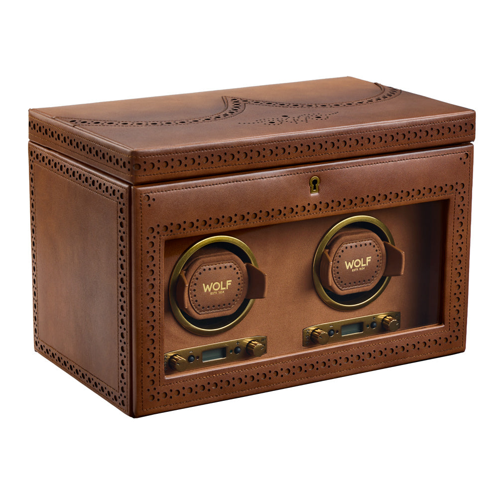WOLF 1834 Brogue Double Watch Winder with Storage – Burnished Brown - Image 2