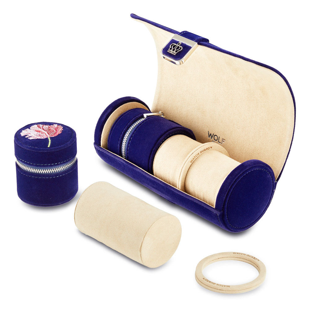 WOLF 1834 Royal Asscher Double Watch Roll with Jewelry Storage – Blue Velvet, Holds 2 Watches - Image 4