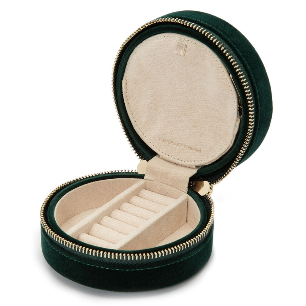 WOLF 1834 Zoe Travel Round Jewelry Case – Forest Green Velvet with Floral Embroidery - Image 4