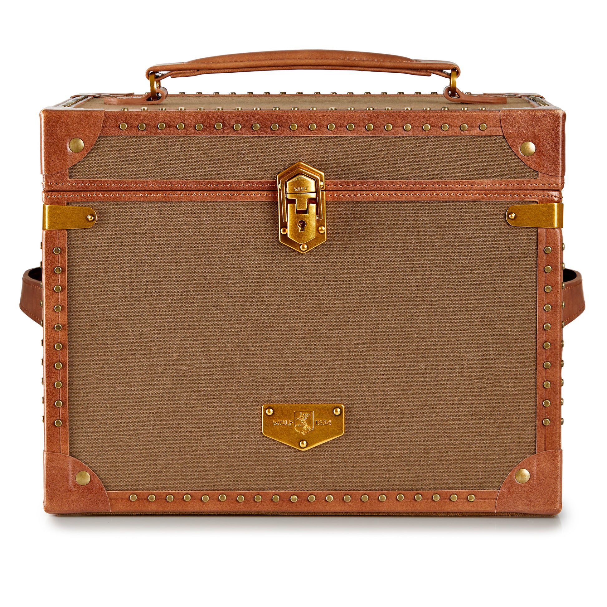 WOLF 1834 Ida Trunk Jewelry Box – Khaki Recycled Canvas with Leather Trim - Image 1