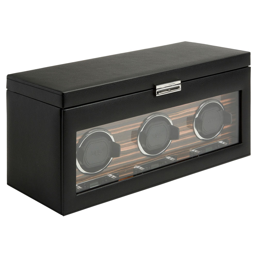 WOLF 1834 Roadster Triple Watch Winder with Storage – Ebony Macassar & Vegan Leather, 3 Winding Modules + 5-Piece Storage - Image 2