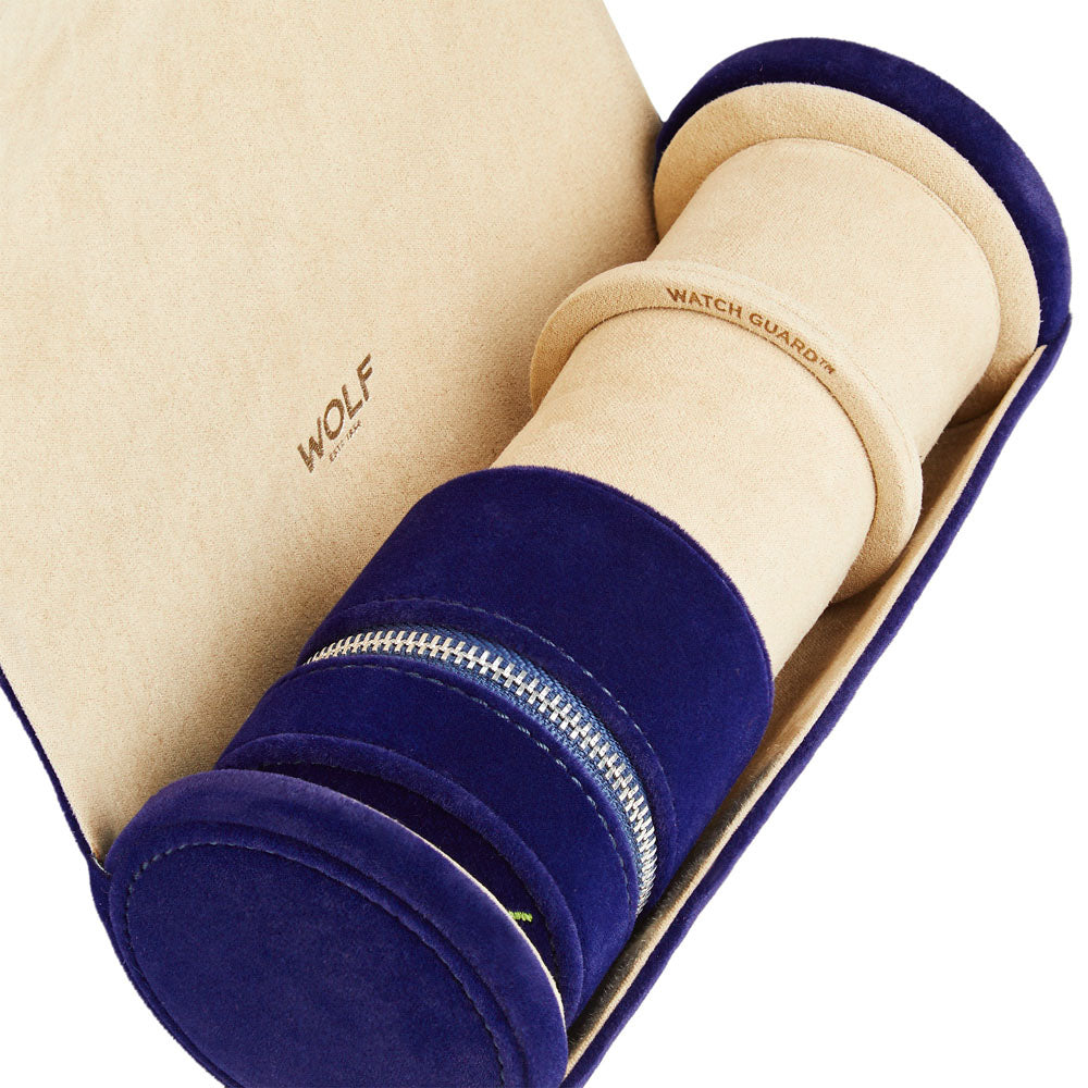 WOLF 1834 Royal Asscher Double Watch Roll with Jewelry Storage – Blue Velvet, Holds 2 Watches - Image 5