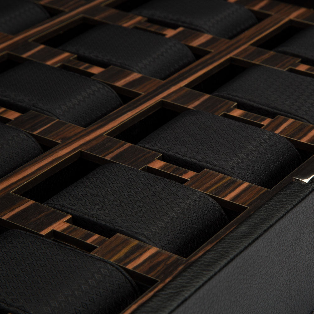 WOLF 1834 Roadster 15-Piece Watch Box – Black Vegan Leather with Ebony Macassar Wood - Image 4