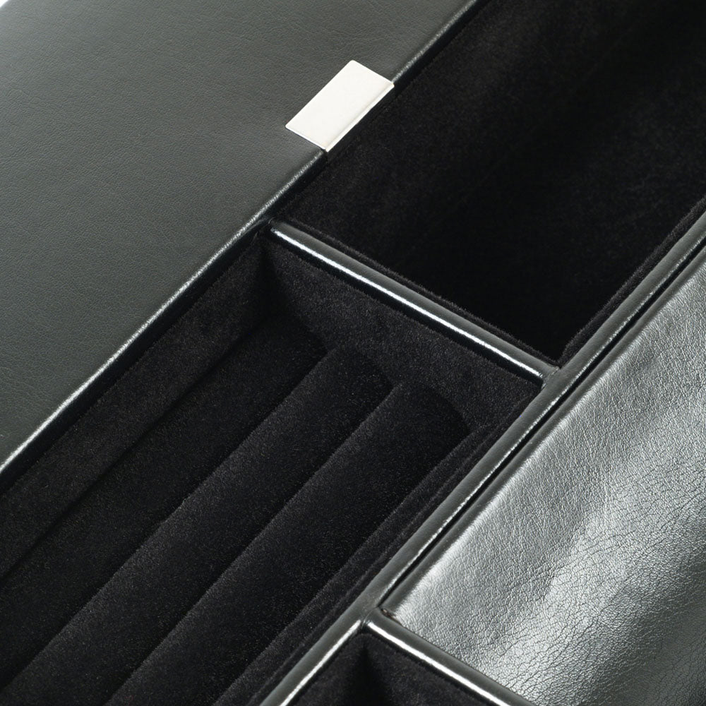 WOLF 1834 Heritage Valet Tray – Black Faux Leather with Ultra Suede Lining, 5 Compartments & 3 Ring Rolls - Image 4