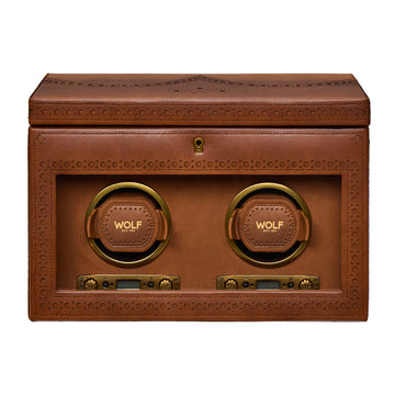 WOLF 1834 Brogue Double Watch Winder with Storage – Burnished Brown - Image 1