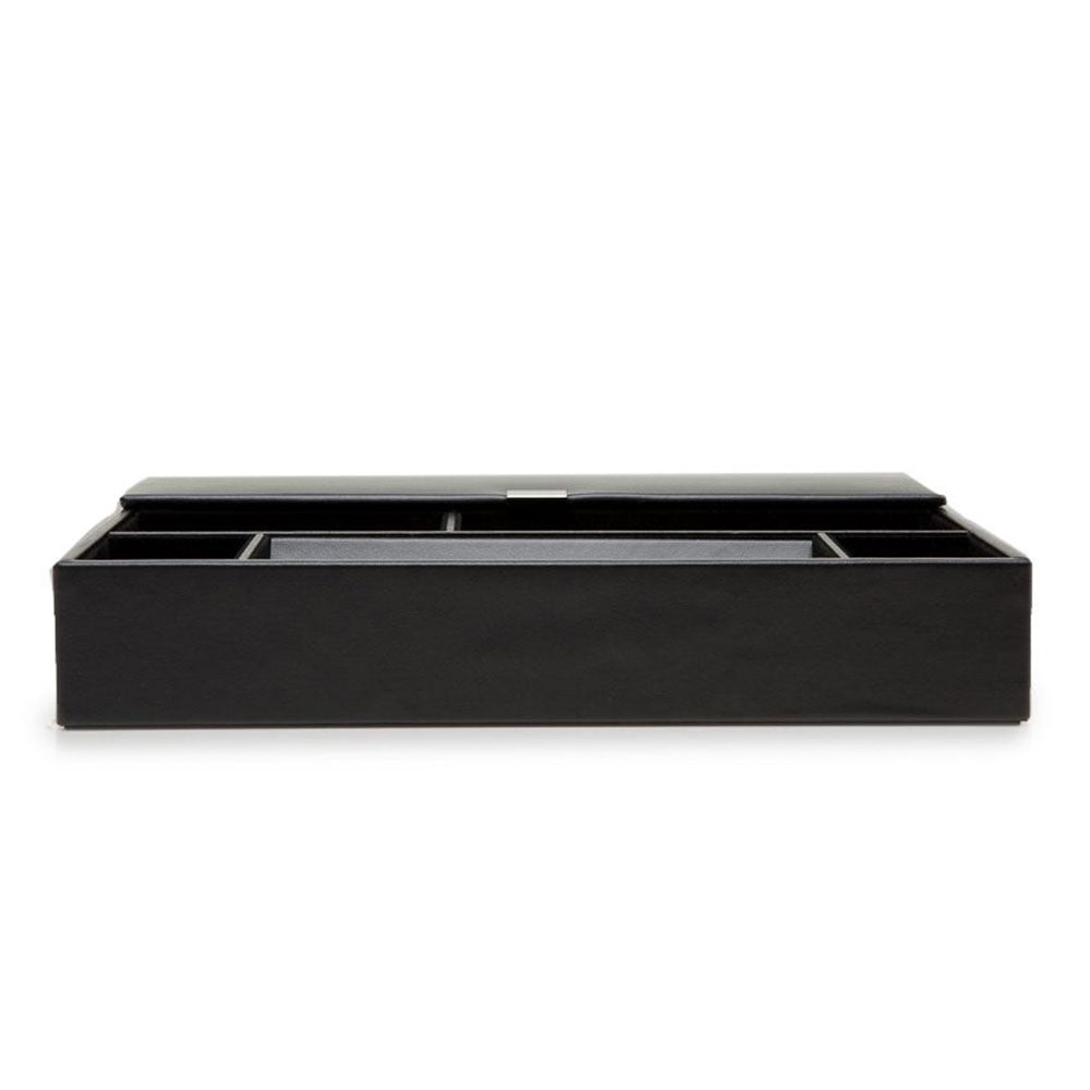 WOLF 1834 Heritage Valet Tray – Black Faux Leather with Ultra Suede Lining, 5 Compartments & 3 Ring Rolls - Image 1